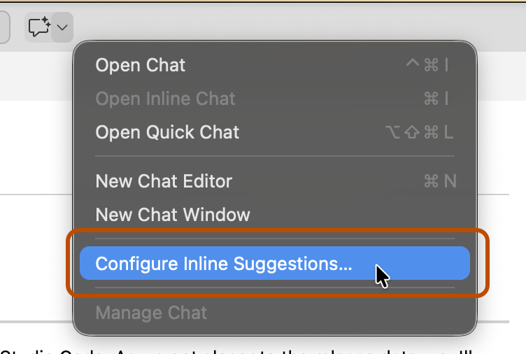 Screenshot of the option in the GitHub Copilot dropdown. "Configure inline suggestions" is highlighted in orange.