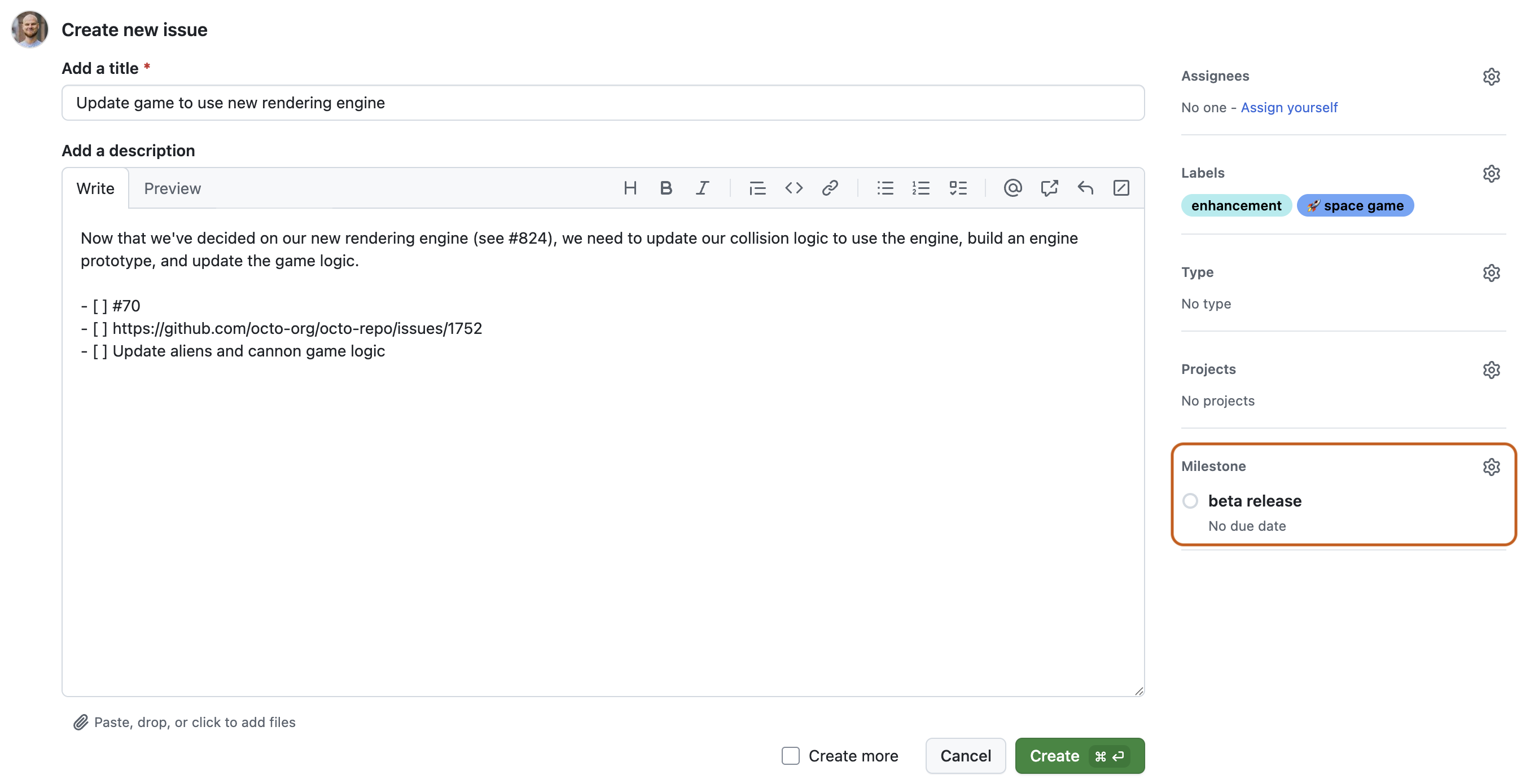 Screenshot of the new issue form. In the right sidebar, the "Milestone" section is outlined in dark orange.