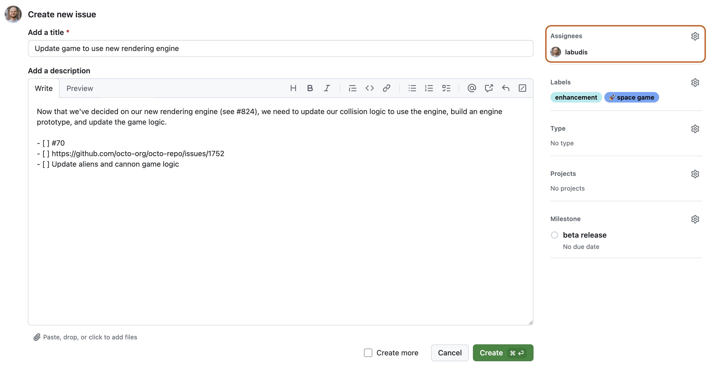 Screenshot of the new issue form. In the right sidebar, the "Assignees" section is outlined in a dark orange.
