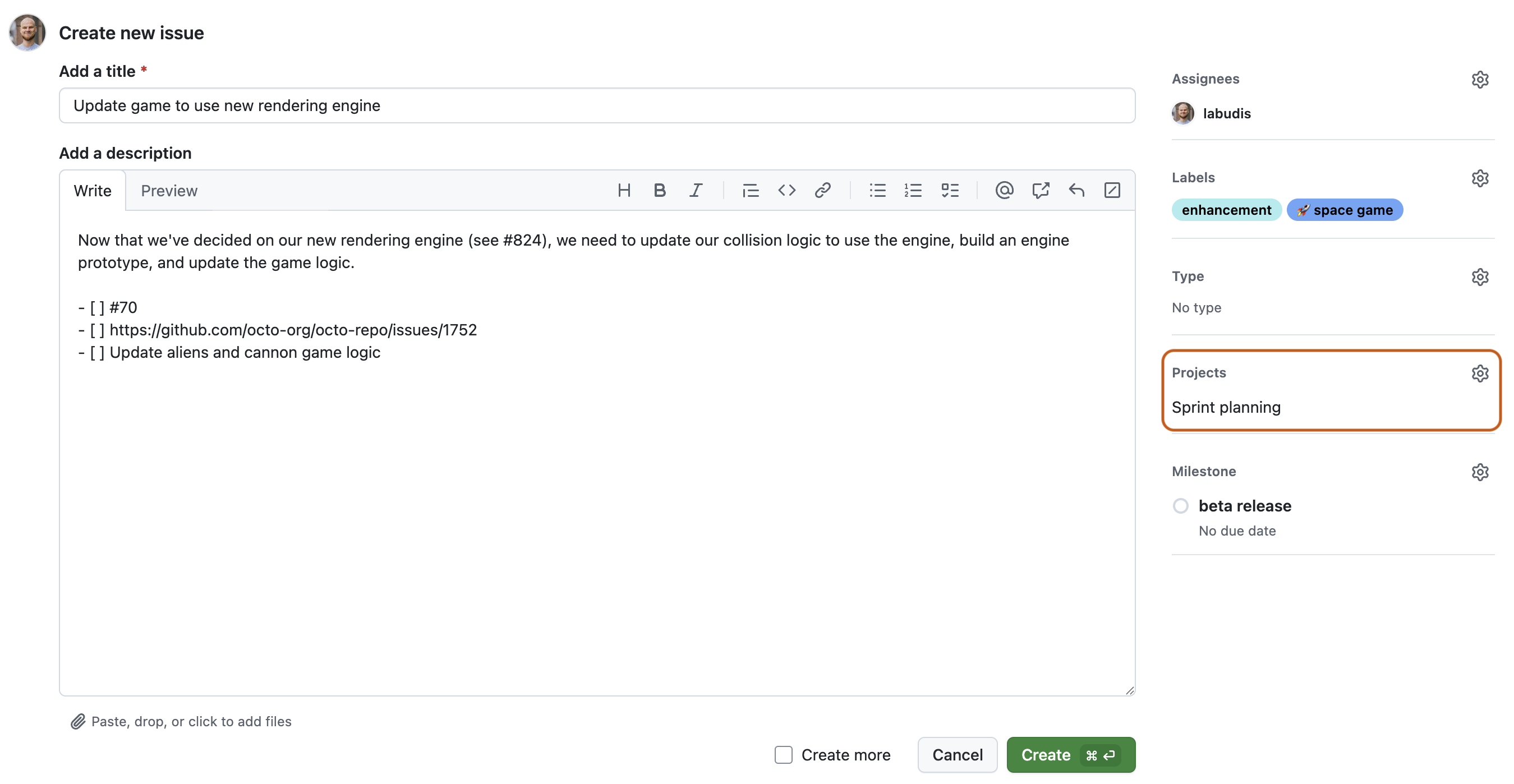 Screenshot of the new issue form. In the right sidebar, the "Projects" section is outlined in dark orange.