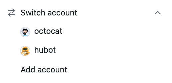 Screenshot of the "Switch account" menu with three options, "octocat," "hubot," and "Add account."