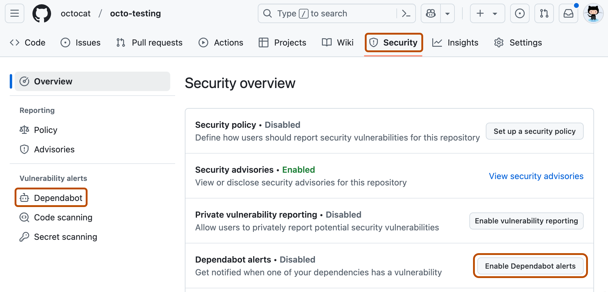 Screenshot of the "Security" page of a repository. The "Security" tab, "Dependabot" tab, and "Enable Dependabot alerts" button are outlined in orange.