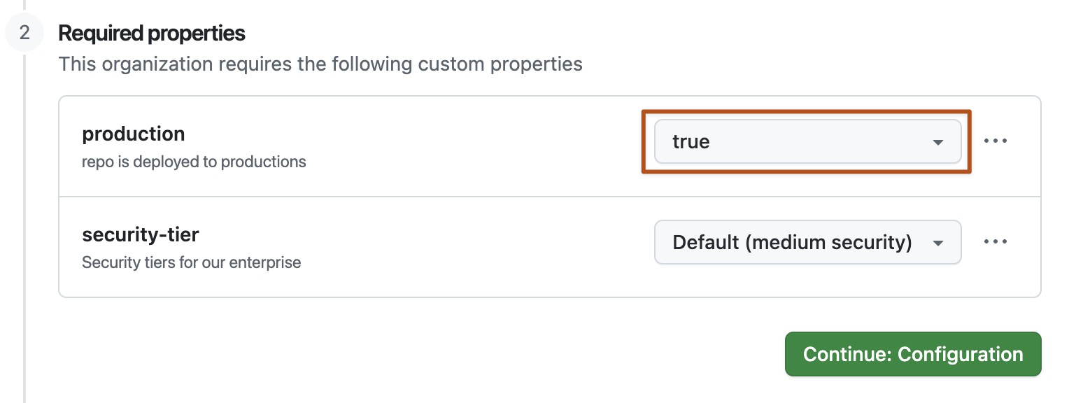 Screenshot of the "Required properties" section of the repo creation form, showing the properties "production" and "security tier" having values set.