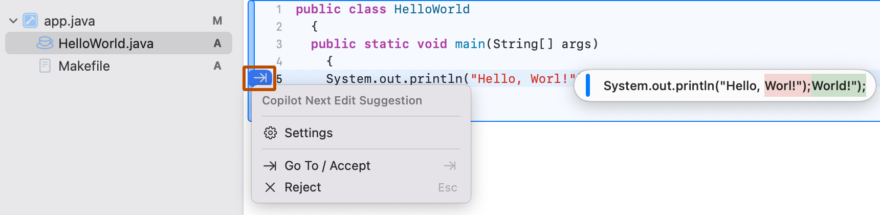 Screenshot of the gutter menu in Xcode. The arrow is outlined in dark orange.