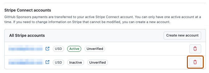 Screenshot of Stripe Connect accounts section including "Delete Stripe Connect account" icon.