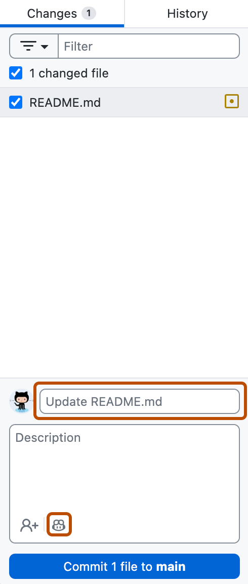 Screenshot of the "Changes" tab. The "Summary" field and "Generate commit message with Copilot" button are outlined in orange.