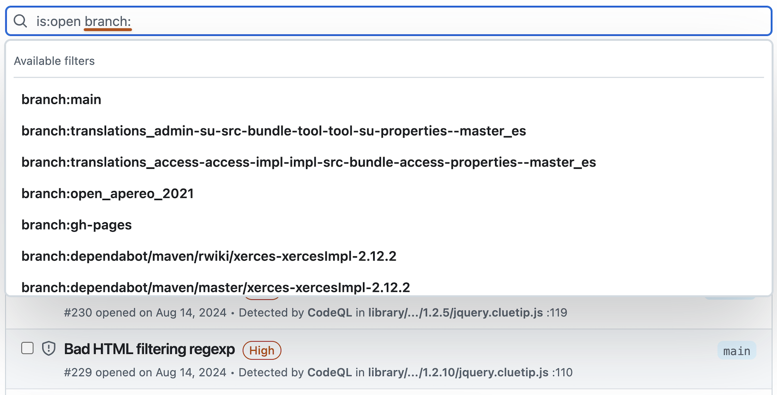 Screenshot of alerts view with the branch options expanded. The "branch" filter is underlined with dark orange.