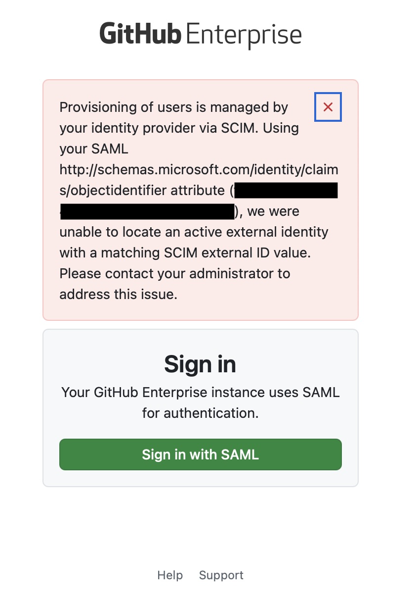 Screenshot of an Entra ID SAML and SCIM data mapping error.