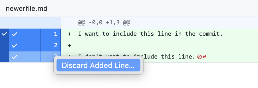 Screenshot of the diff view of a file. In a context menu, a cursor hovers over "Discard Added Line," highlighted in blue.