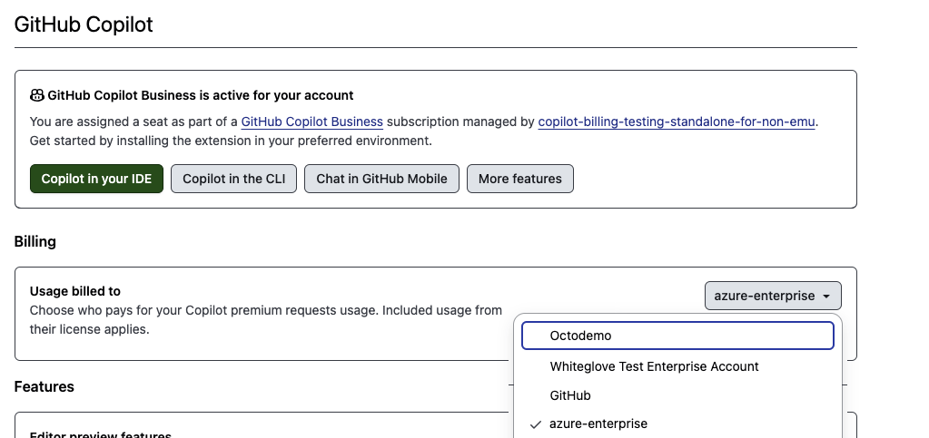 Screenshot of the Copilot feature settings. The "Usage billed to" dropdown is open.