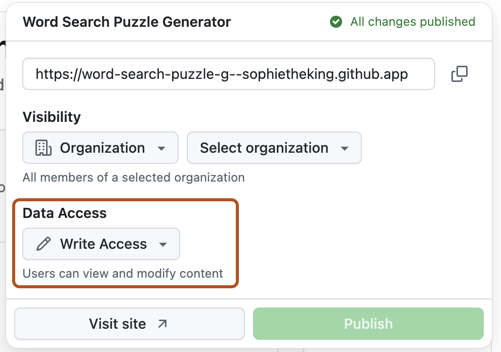 Screenshot of the GitHub Spark publication menu. The "Data Access" visibility option is outlined in orange.