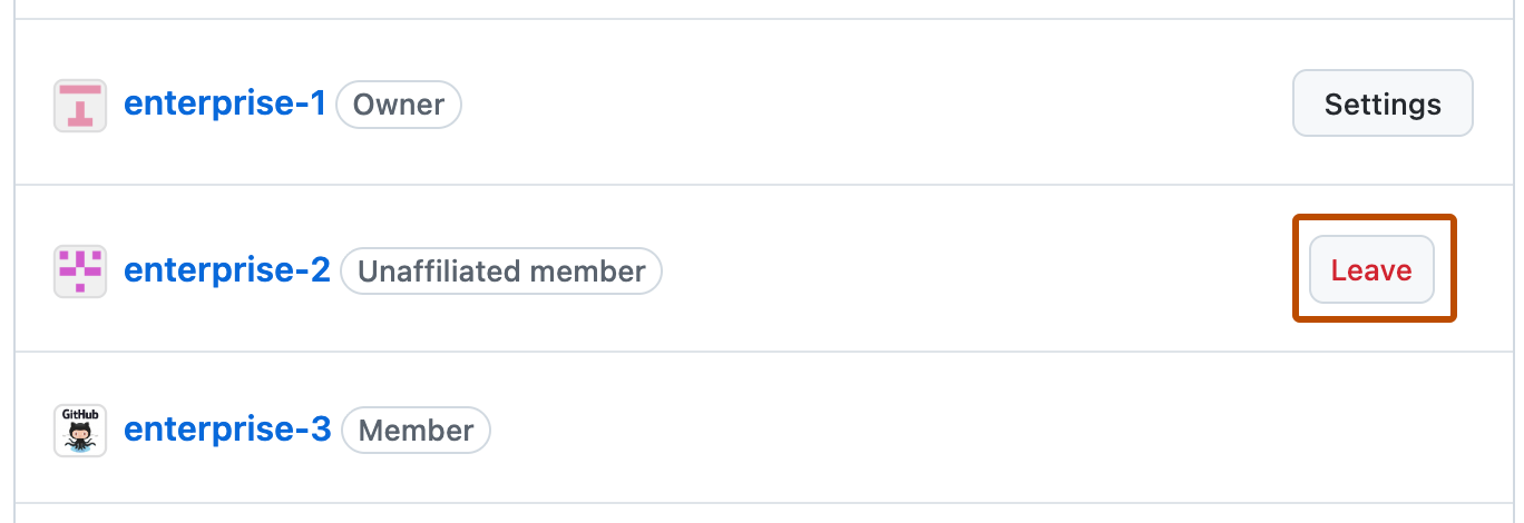 Screenshot of the enterprises page. Next to "unaffilated member", the "Leave" button is highlighted with an orange outline.