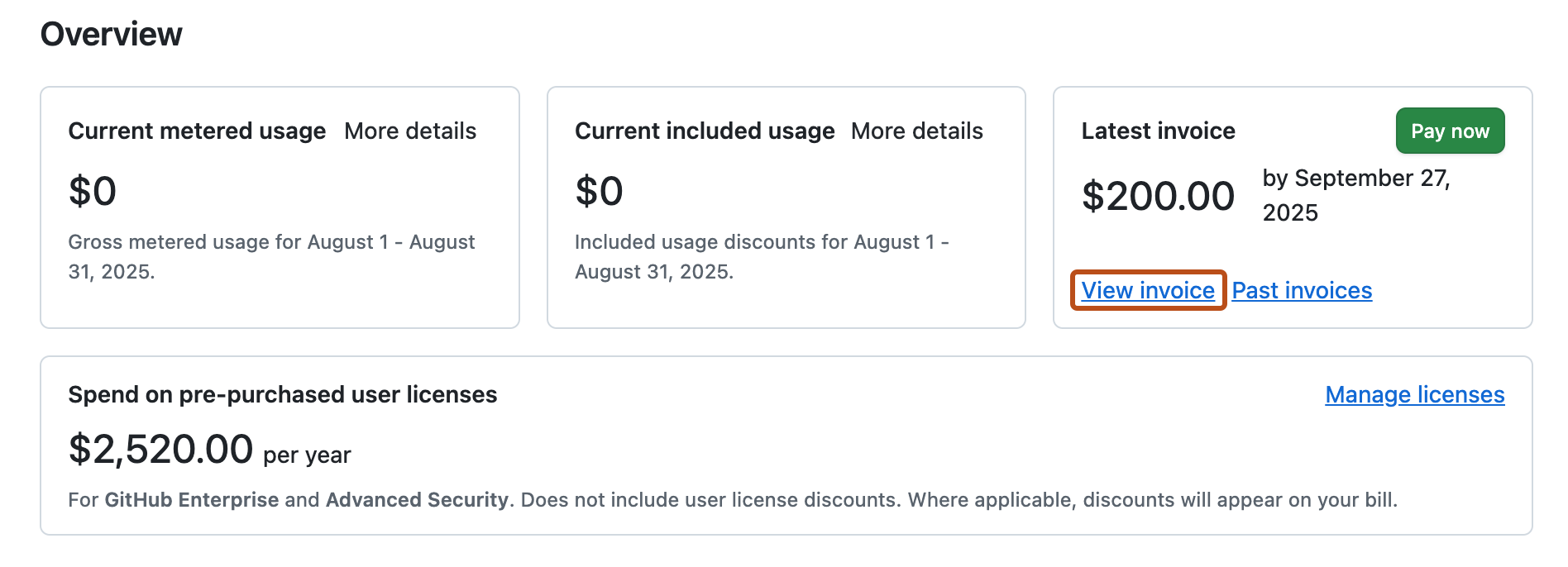 Screenshot of the Billing and licensing "Overview" page for an invoiced enterprise account. A link, labeled "View invoice", is outlined in orange.