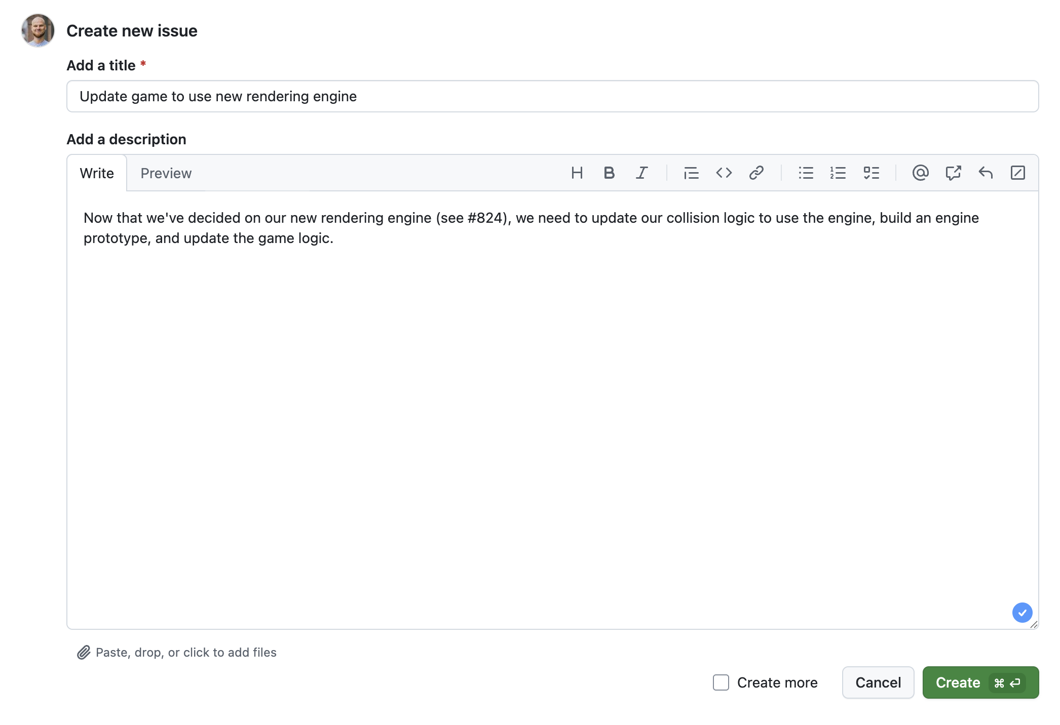 Screenshot of the new issue form, with a title and body filled in.